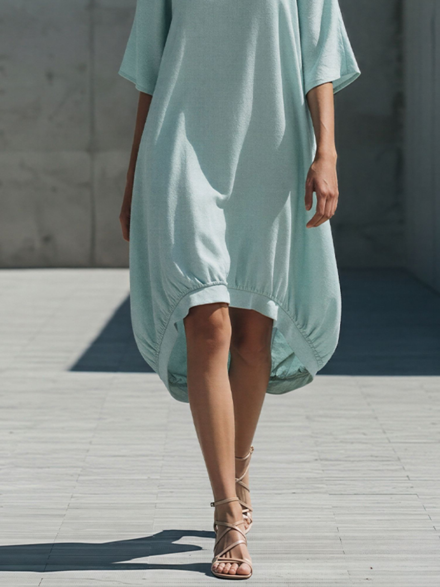 Women's Mint Green Linen-Blend Cold-Shoulder Dress With Double Strap & High-Low Hem, Modern Effortless-Chic Everyday Dress MDZ2239E8LYL