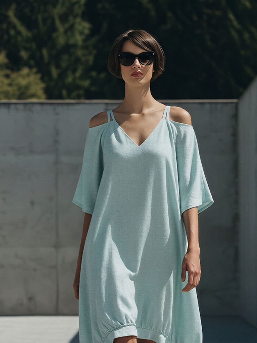 Women's Mint Green Linen-Blend Cold-Shoulder Dress With Double Strap & High-Low Hem, Modern Effortless-Chic Everyday Dress MDZ2239E8LYL
