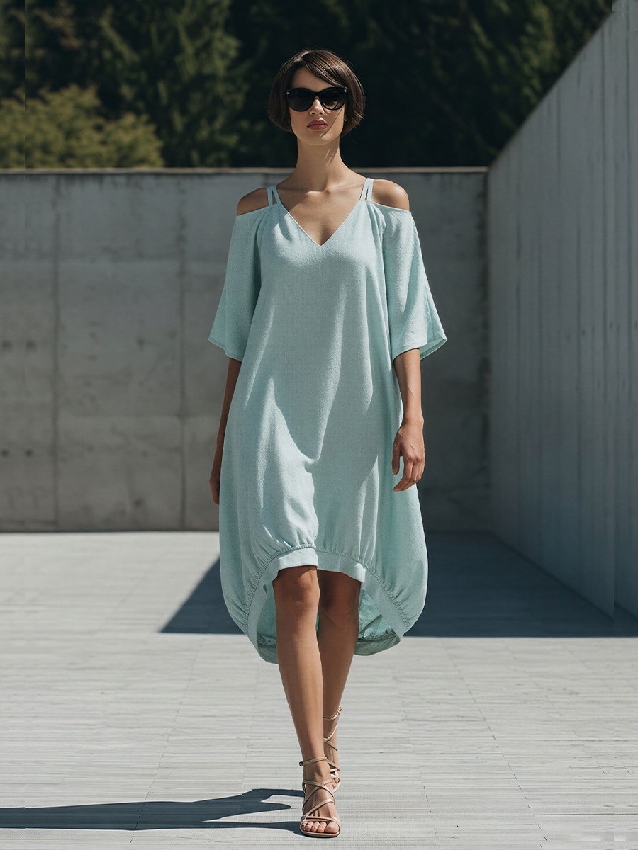 Women's Mint Green Linen-Blend Cold-Shoulder Dress With Double Strap & High-Low Hem, Modern Effortless-Chic Everyday Dress MDZ2239E8LYL
