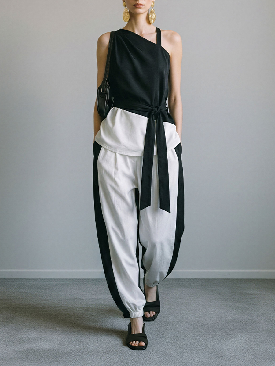 Women's Black & White Asymmetrical Two-Piece Set With Draped One-Shoulder Top & Side-Stripe Pants, Timeless Minimalist Streetwear Outfit MDZ2187E3LYL