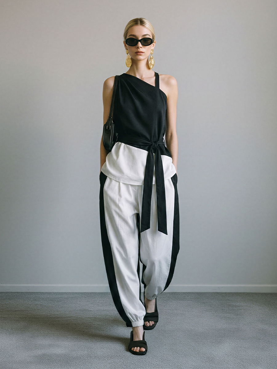 Women's Black & White Asymmetrical Two-Piece Set With Draped One-Shoulder Top & Side-Stripe Pants, Timeless Minimalist Streetwear Outfit MDZ2187E3LYL