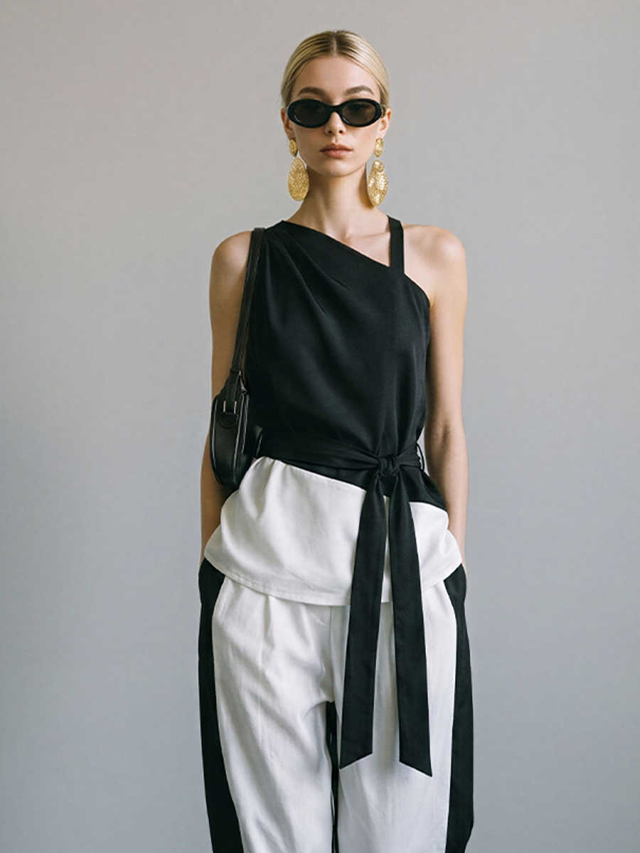 Women's Black & White Asymmetrical Two-Piece Set With Draped One-Shoulder Top & Side-Stripe Pants, Timeless Minimalist Streetwear Outfit MDZ2187E3LYL