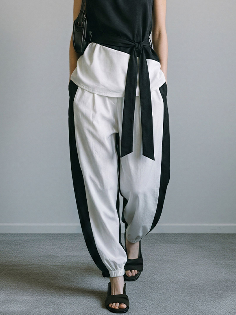 Women's Black & White Asymmetrical Two-Piece Set With Draped One-Shoulder Top & Side-Stripe Pants, Timeless Minimalist Streetwear Outfit MDZ2187E3LYL