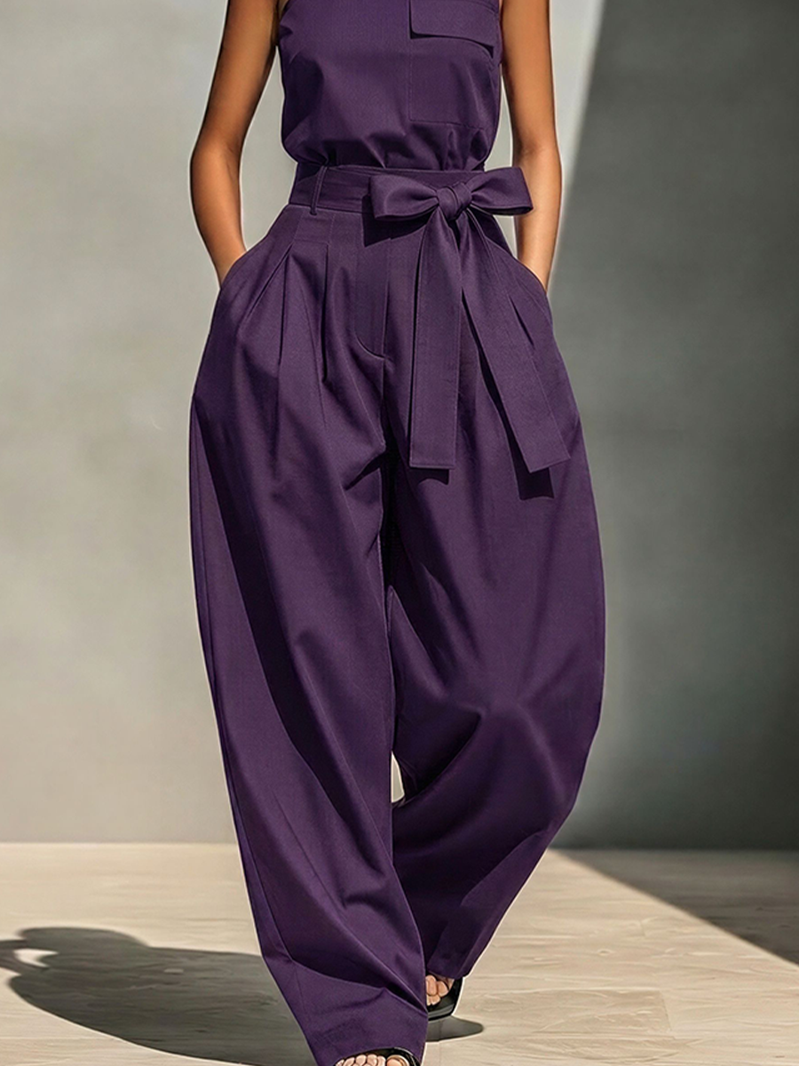 Women's Purple Cotton-Blend Asymmetrical Jumpsuit With Cutout Top & Bow Belt Wide Leg, Timeless Modern Streetwear Jumpsuit MDZ2102E5LYL