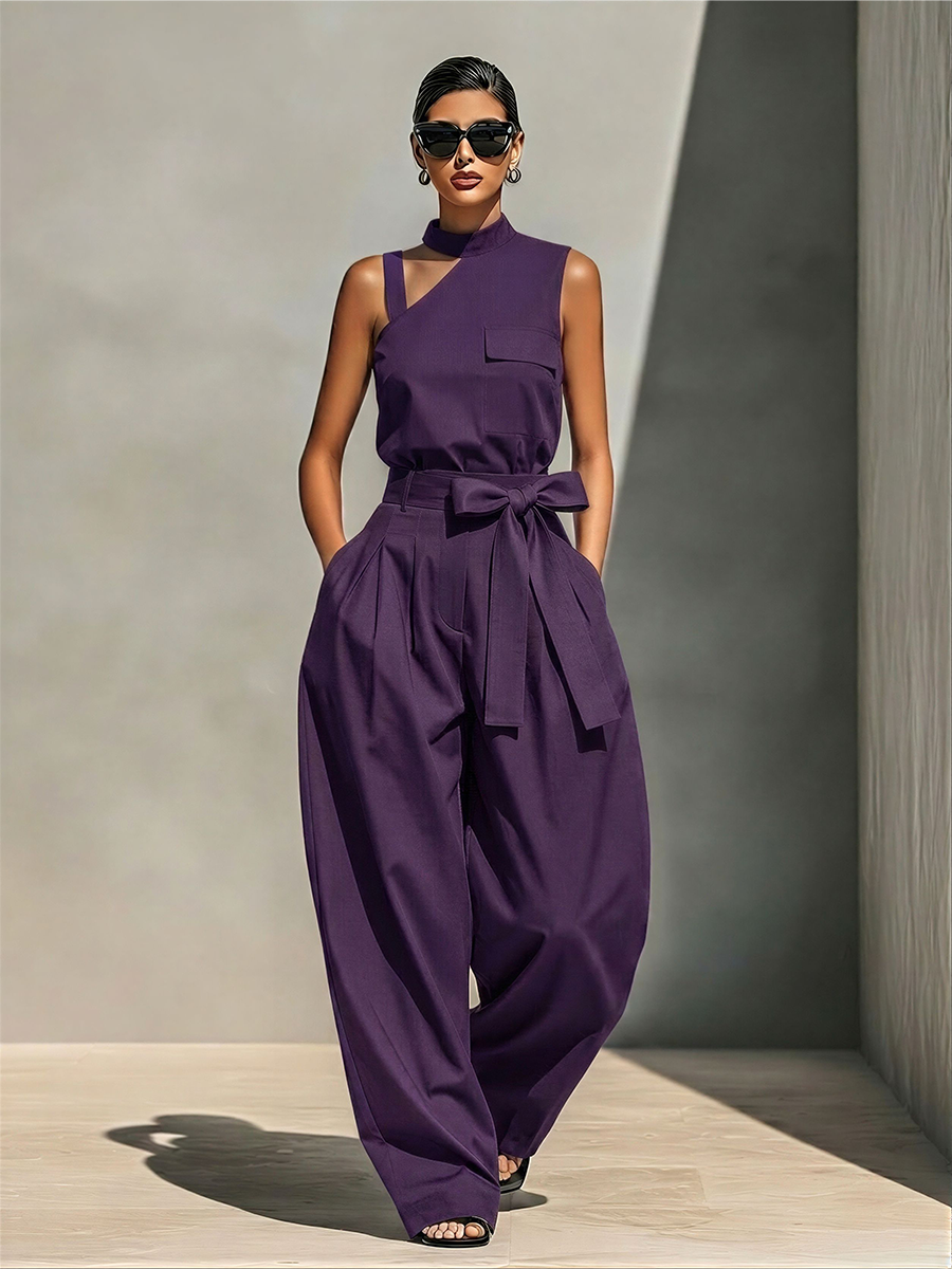 Women's Purple Cotton-Blend Asymmetrical Jumpsuit With Cutout Top & Bow Belt Wide Leg, Timeless Modern Streetwear Jumpsuit MDZ2102E5LYL