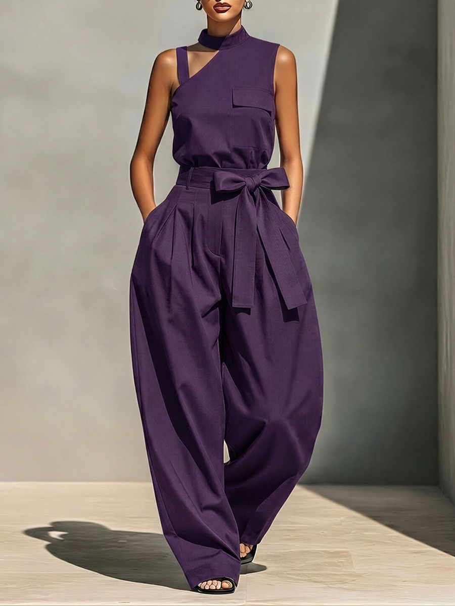 Women's Purple Cotton-Blend Asymmetrical Jumpsuit With Cutout Top & Bow Belt Wide Leg, Timeless Modern Streetwear Jumpsuit MDZ2102E5LYL