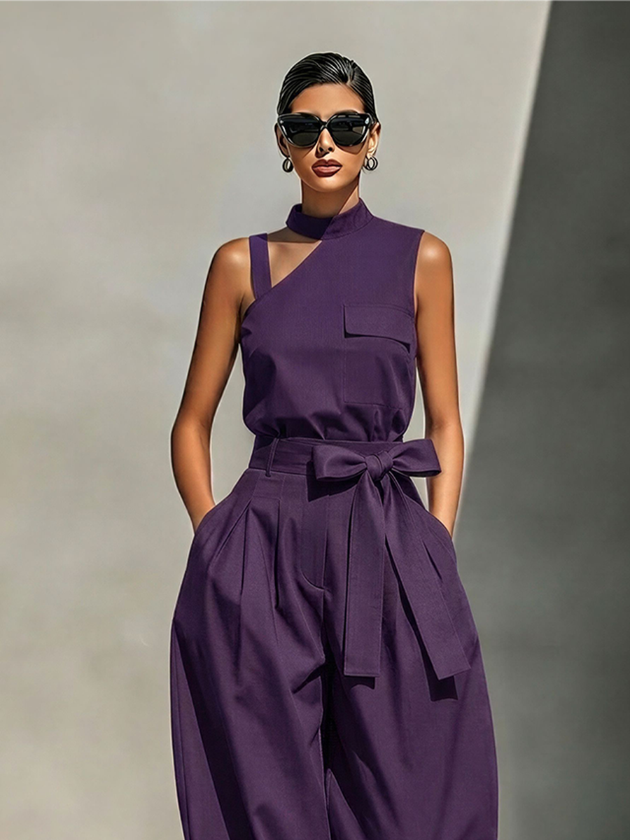 Women's Purple Cotton-Blend Asymmetrical Jumpsuit With Cutout Top & Bow Belt Wide Leg, Timeless Modern Streetwear Jumpsuit MDZ2102E5LYL