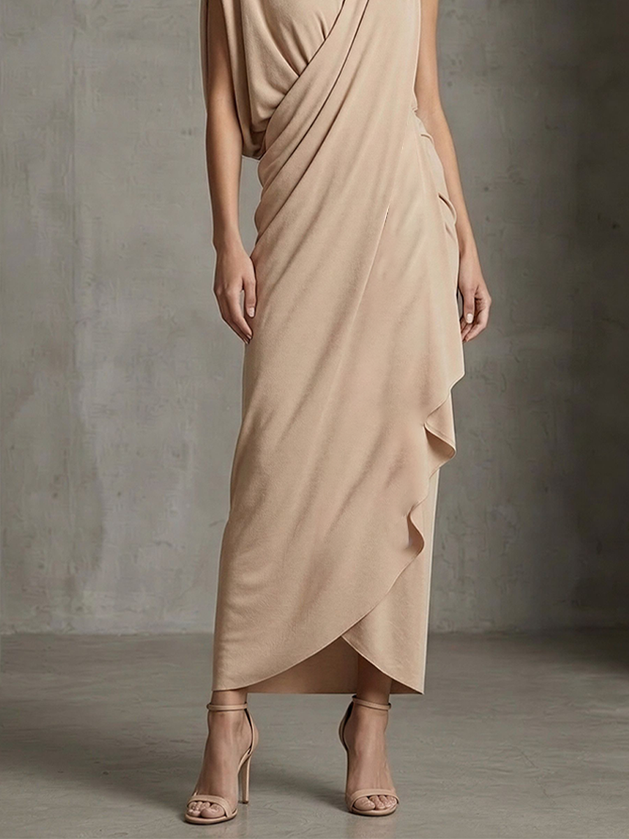 Women's Nude Asymmetrical Wrap Dress With Soft Jersey Fabric & Draped Hem, Modern Effortless-Chic Formal Dress MDZ2247E3LYL