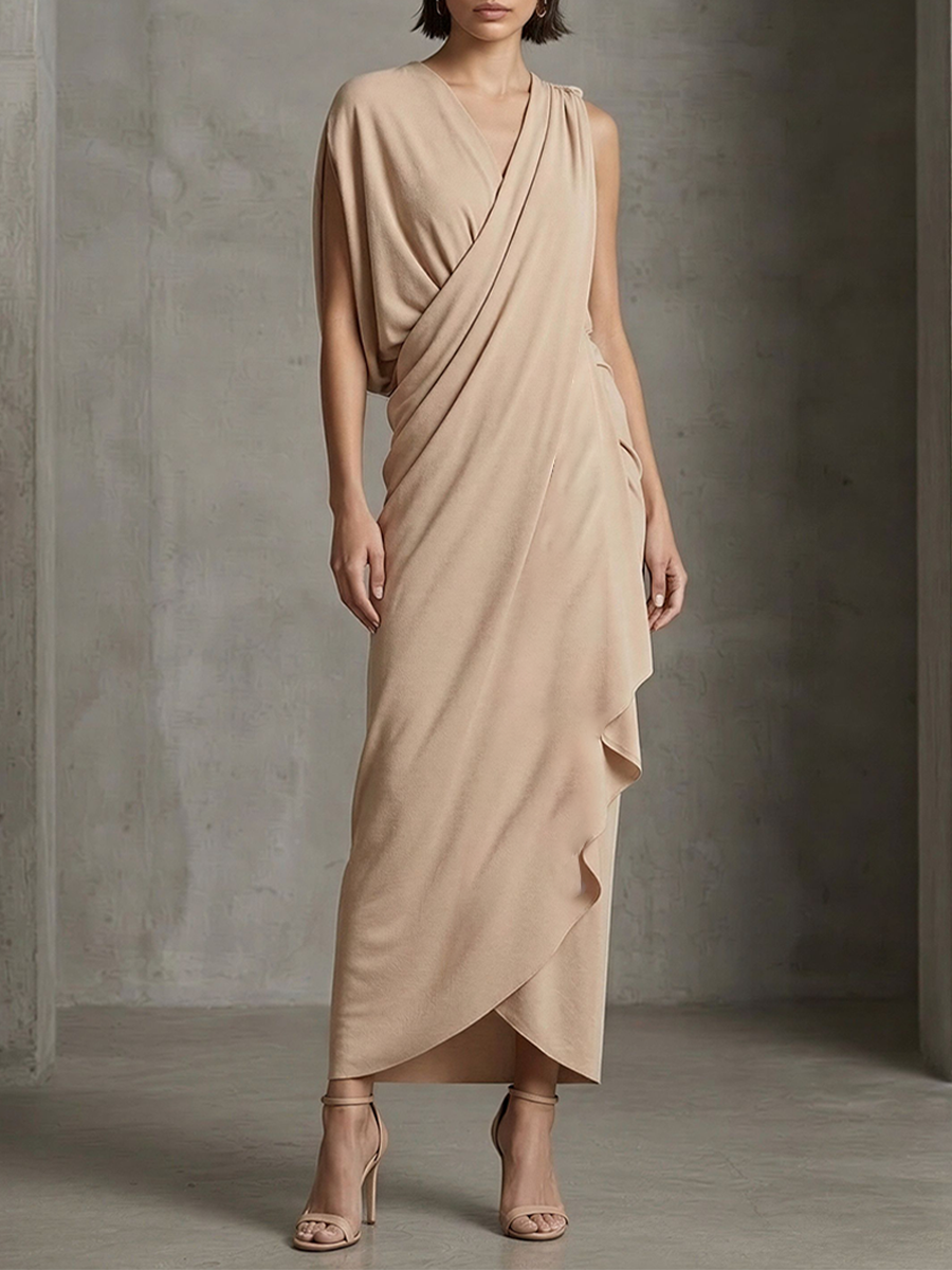 Women's Nude Asymmetrical Wrap Dress With Soft Jersey Fabric & Draped Hem, Modern Effortless-Chic Formal Dress MDZ2247E3LYL