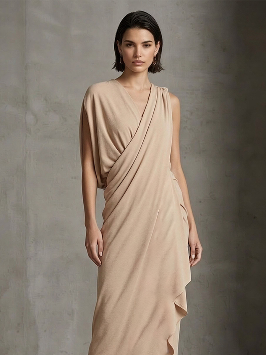 Women's Nude Asymmetrical Wrap Dress With Soft Jersey Fabric & Draped Hem, Modern Effortless-Chic Formal Dress MDZ2247E3LYL