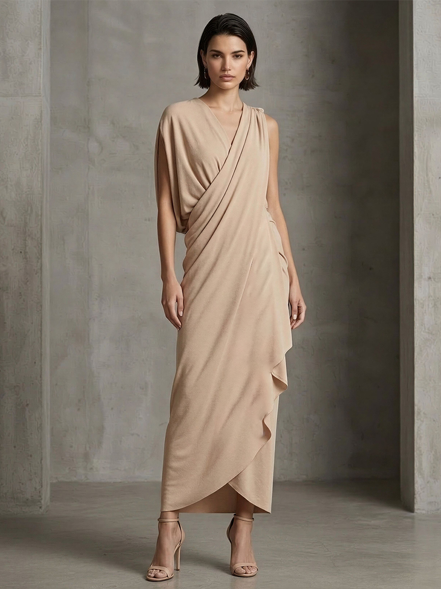 Women's Nude Asymmetrical Wrap Dress With Soft Jersey Fabric & Draped Hem, Modern Effortless-Chic Formal Dress MDZ2247E3LYL