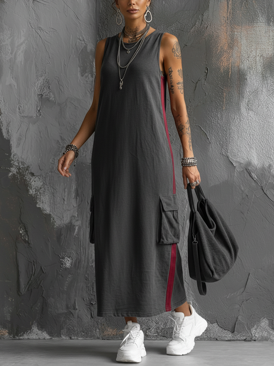 Women's Streetwear Dark Grey Cotton Blend Side Stripe Cargo Pocket Sleeveless Maxi Dress MDZ2227E2GMJ