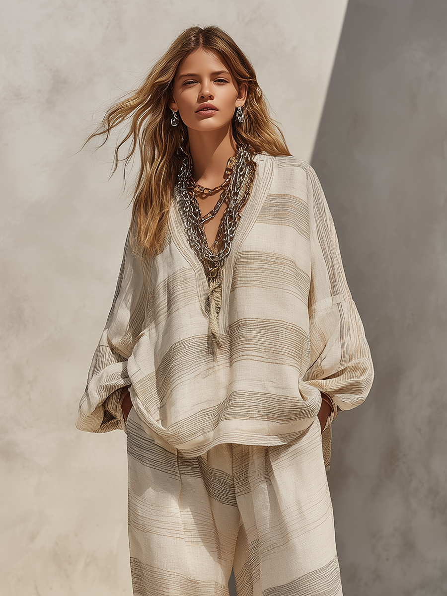 Women's Minimalist Linen Set: Light Brown Striped V-Neck Top With Long Lantern Sleeves & Lace-Paneled Lantern Pants MDZ2211E9ZJW
