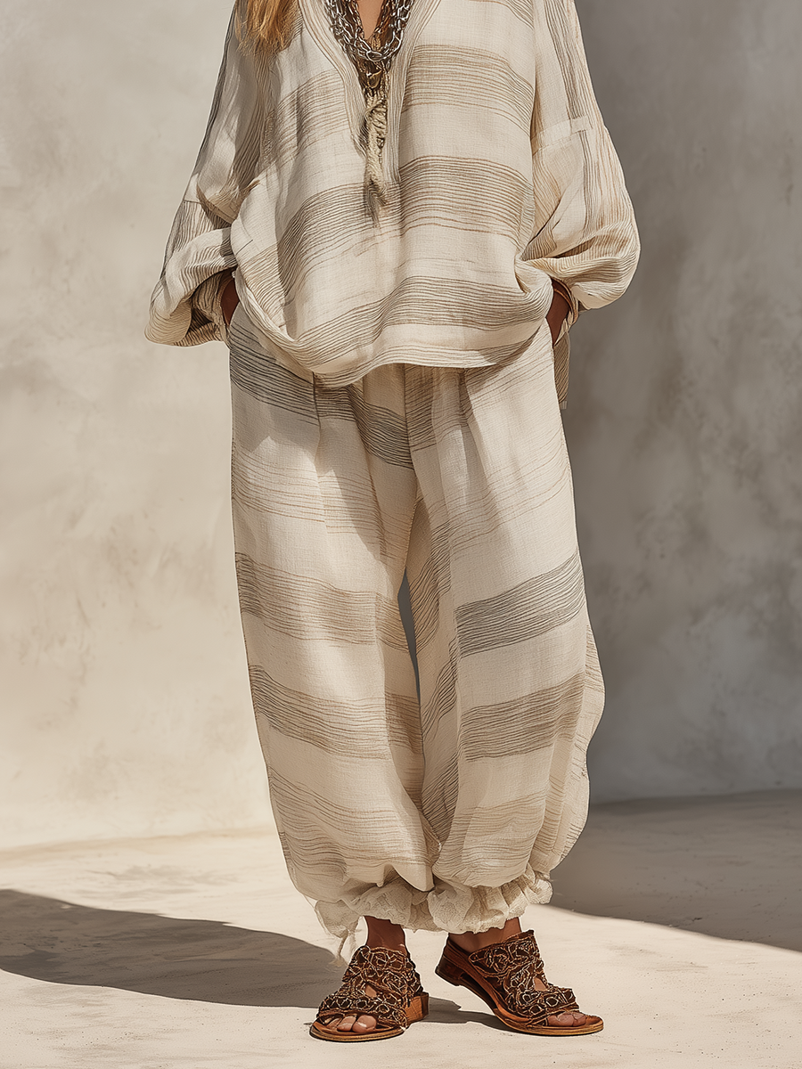 Women's Minimalist Linen Set: Light Brown Striped V-Neck Top With Long Lantern Sleeves & Lace-Paneled Lantern Pants MDZ2211E9ZJW