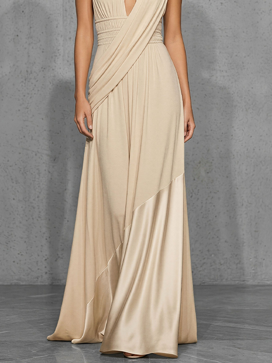 Women's Nude Halter Gown With Draped Cross Over Bodice & Satin Panel Hem, Modern Effortless-Chic Formal Dress MDZ2236E7LYL