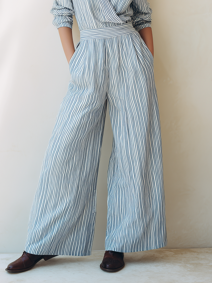 Women's Minimalist Cotton-Linen Jumpsuit — Blue & White Striped, V-Neck, Waist-Defined, Mid-Length Sleeves, Wide-Leg MDZ2291E0ZJW
