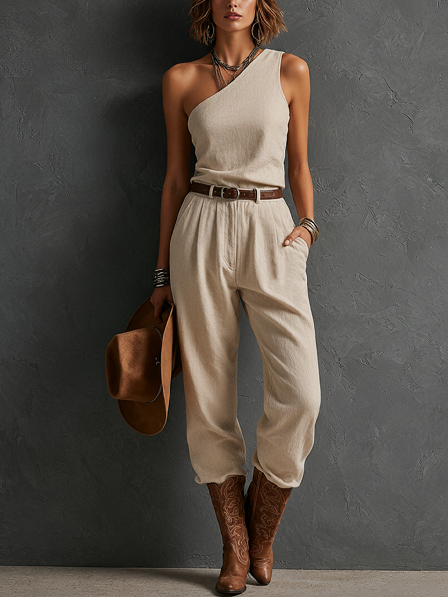 Women's Western Style Off-White Linen-Cotton One-Shoulder Sleeveless Top And High-Waisted Pleated Cargo Pants Set MDZ2261E4GMJ