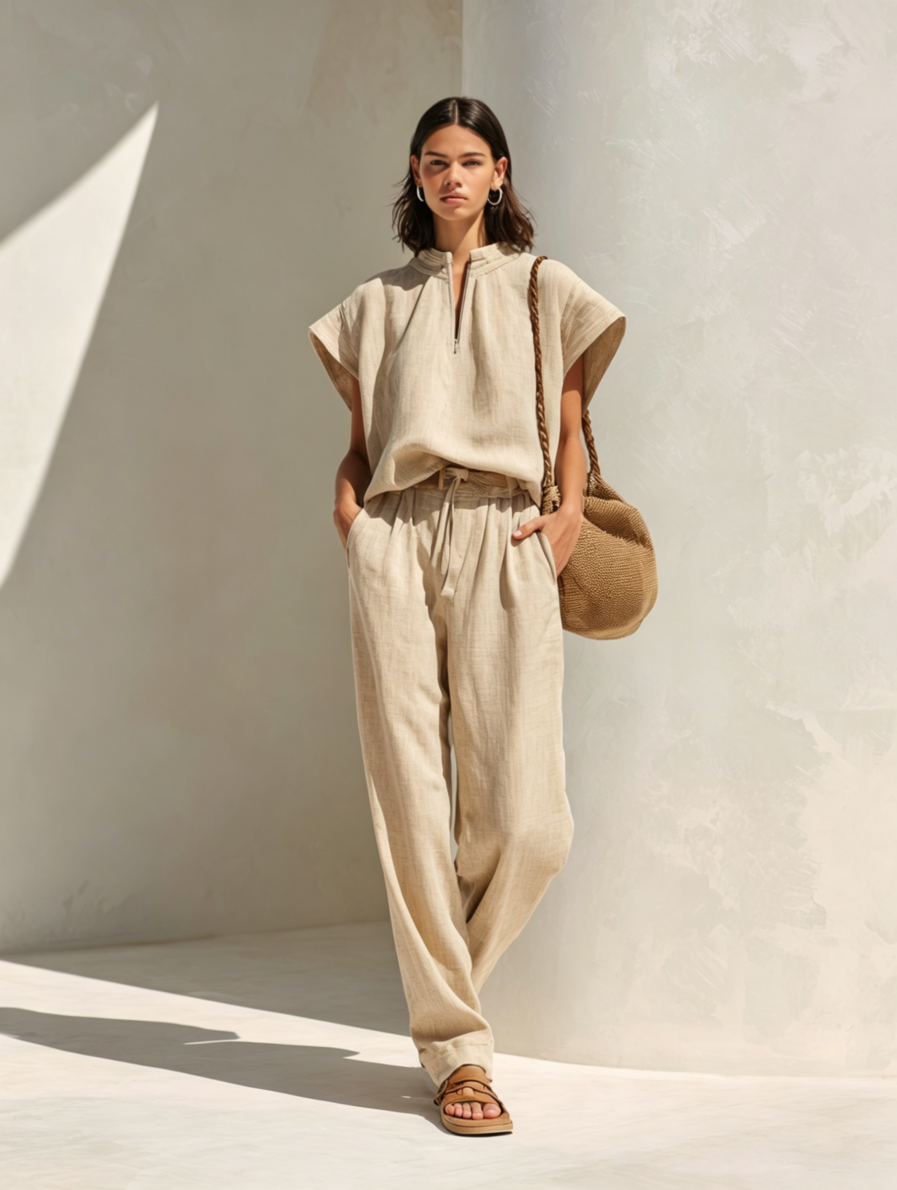 Women's Minimalist Light Brown Linen Set: Zip-Up Stand-Collar Top With Cap Sleeves And Tie-Waist Wide-Leg Pants MDZ2216E6ZJW