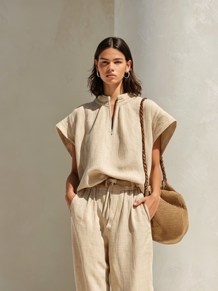 Women's Minimalist Light Brown Linen Set: Zip-Up Stand-Collar Top With Cap Sleeves And Tie-Waist Wide-Leg Pants MDZ2216E6ZJW