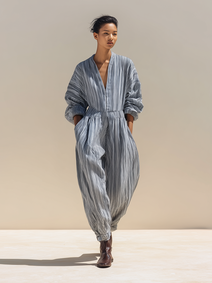 Women's Urban "Quiet Luxury" Minimalist Linen Jumpsuit — Blue & White Striped, V-Neck, Mid-Length Sleeves, Harem Pants Style MDZ2220E7ZJW