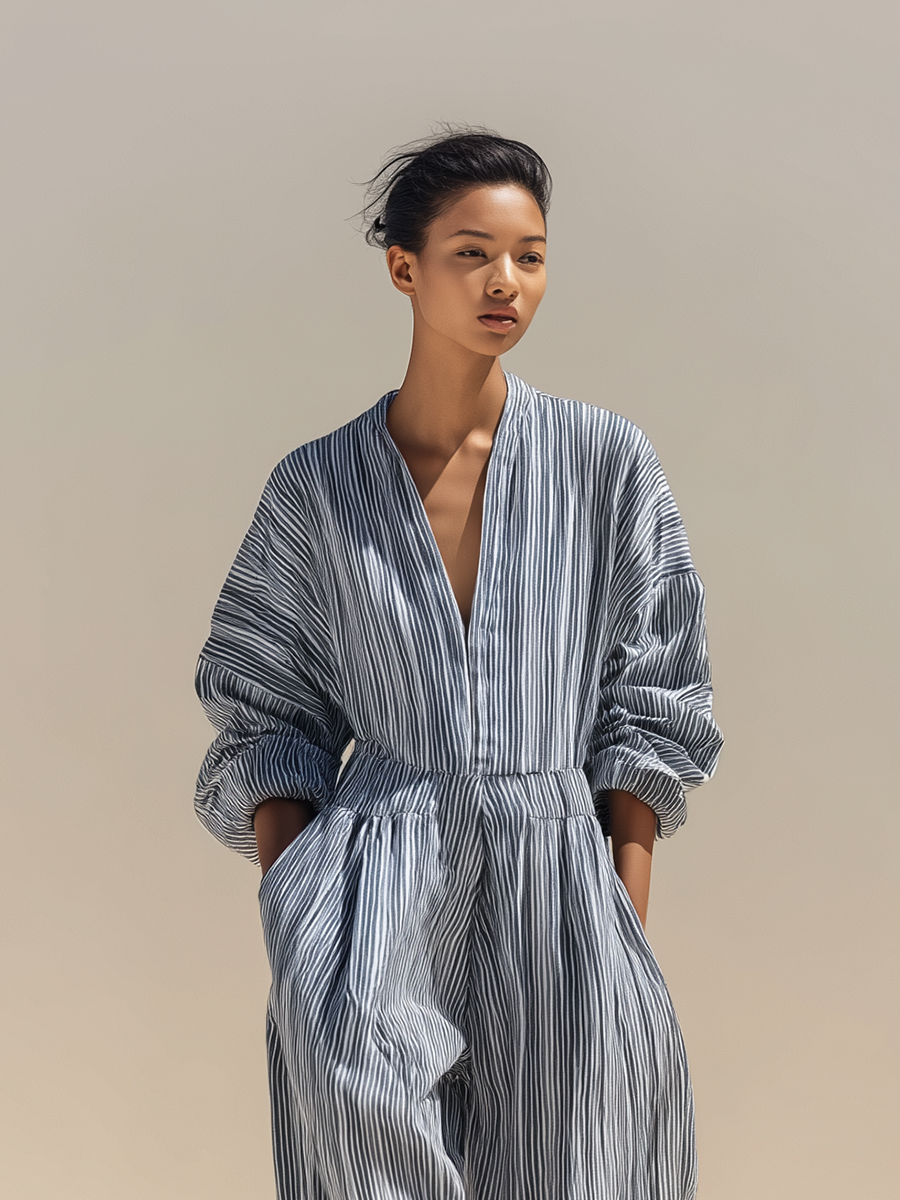 Women's Urban "Quiet Luxury" Minimalist Linen Jumpsuit — Blue & White Striped, V-Neck, Mid-Length Sleeves, Harem Pants Style MDZ2220E7ZJW