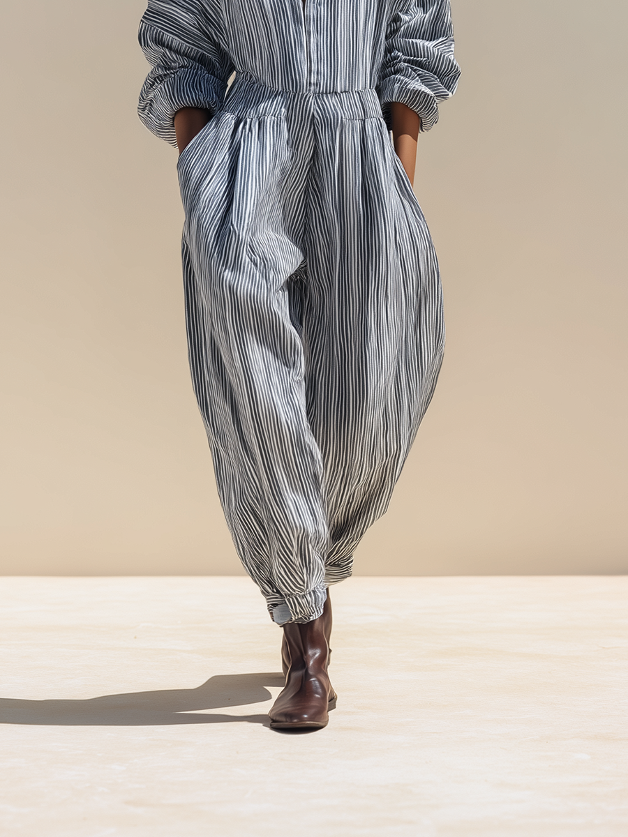 Women's Urban "Quiet Luxury" Minimalist Linen Jumpsuit — Blue & White Striped, V-Neck, Mid-Length Sleeves, Harem Pants Style MDZ2220E7ZJW