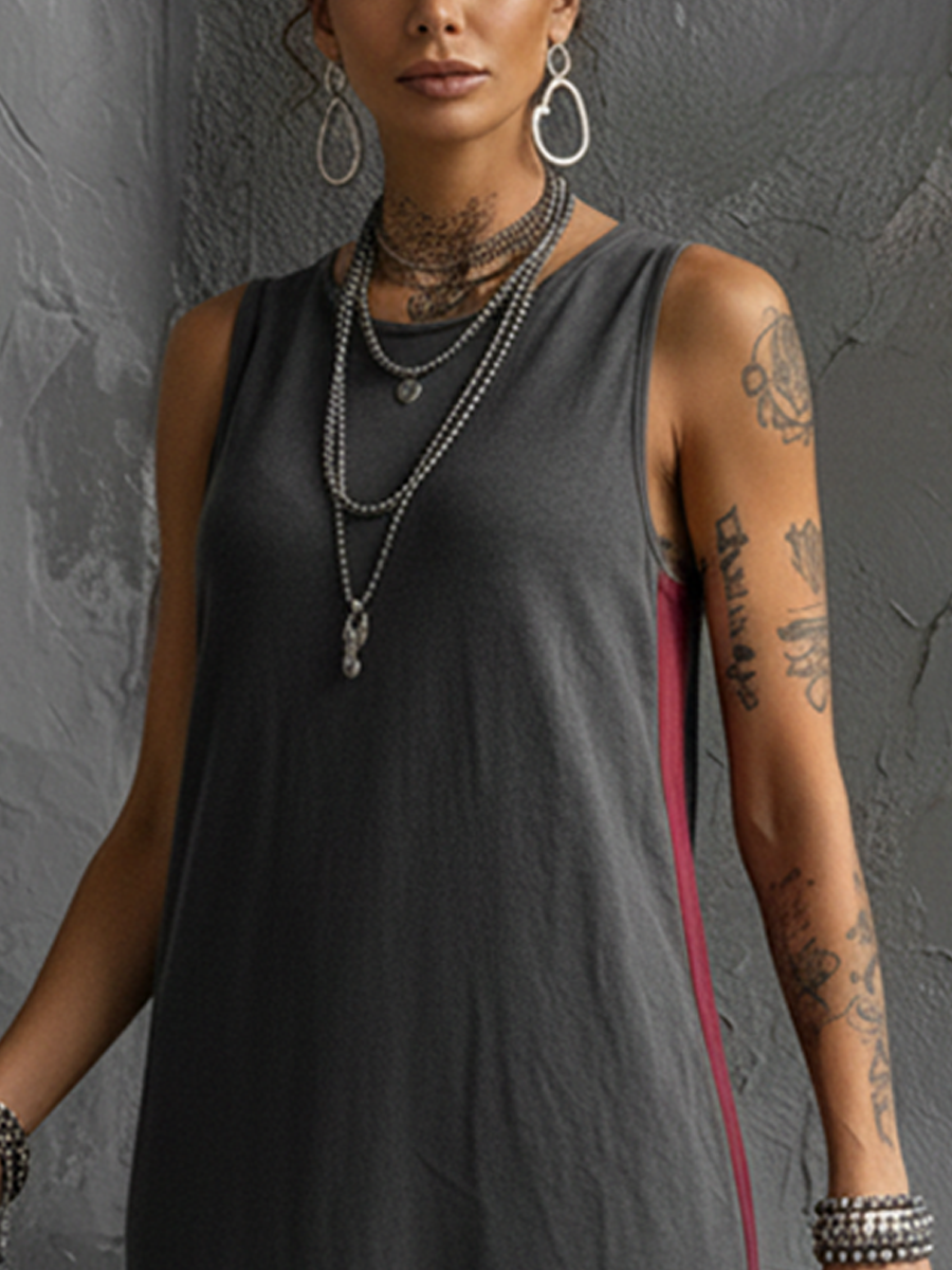 Women's Streetwear Dark Grey Cotton Blend Side Stripe Cargo Pocket Sleeveless Maxi Dress MDZ2227E2GMJ