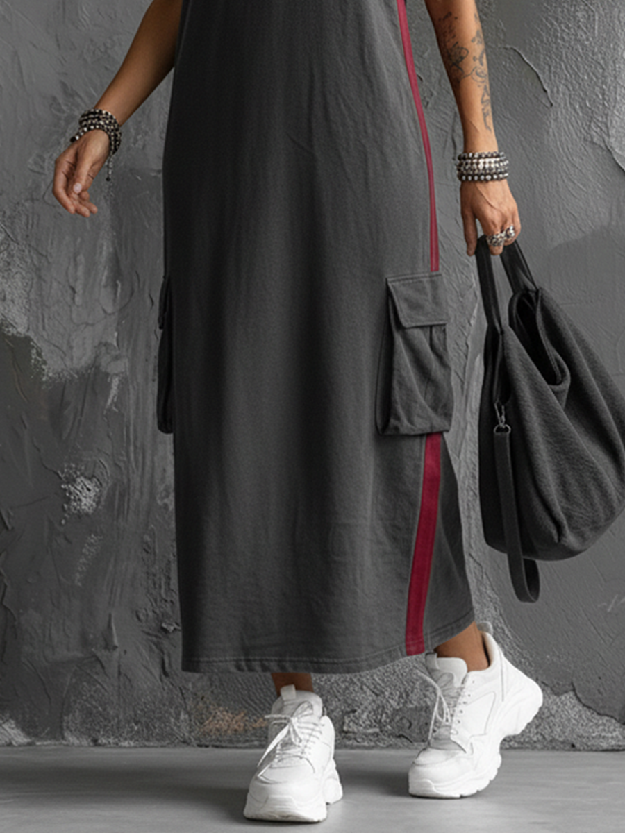 Women's Streetwear Dark Grey Cotton Blend Side Stripe Cargo Pocket Sleeveless Maxi Dress MDZ2227E2GMJ
