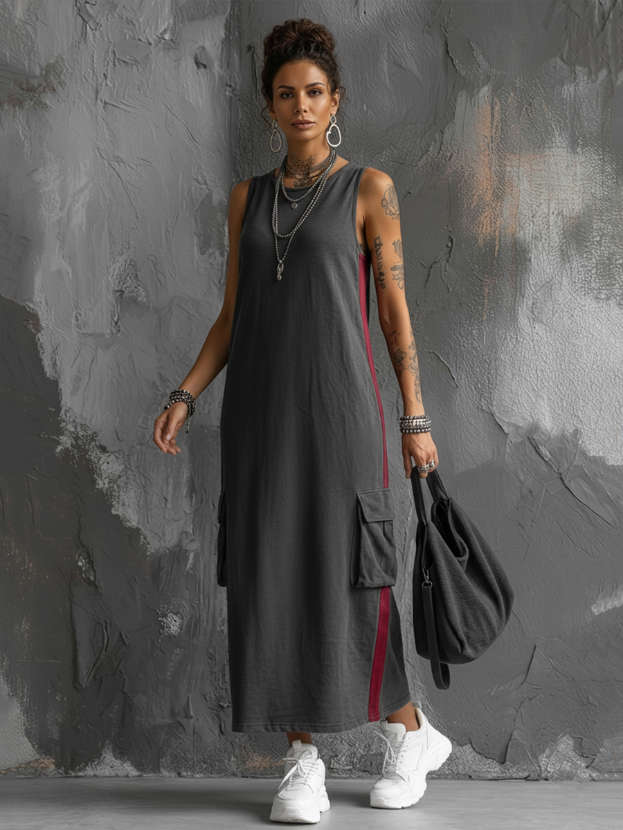 Women's Streetwear Dark Grey Cotton Blend Side Stripe Cargo Pocket Sleeveless Maxi Dress MDZ2227E2GMJ
