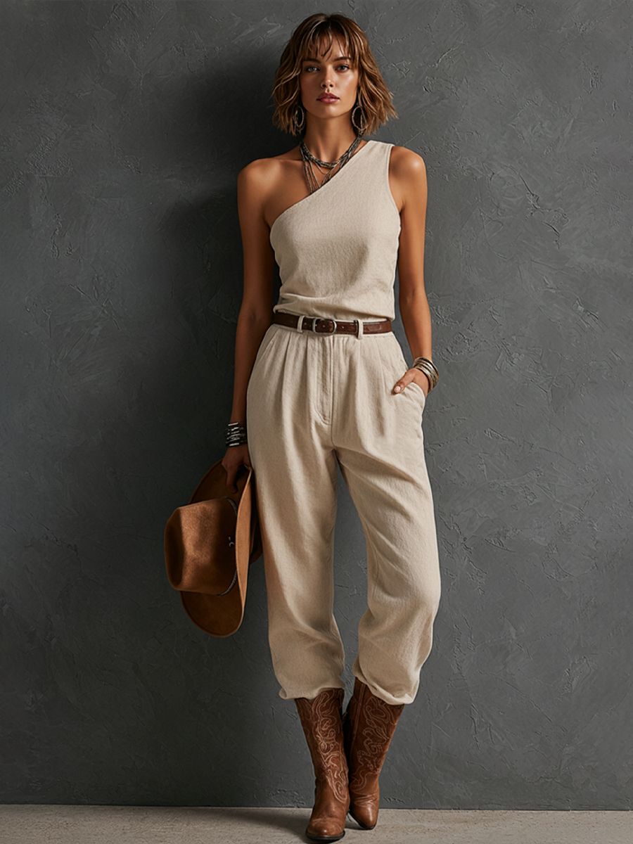 Women's Western Style Off-White Linen-Cotton One-Shoulder Sleeveless Top And High-Waisted Pleated Cargo Pants Set MDZ2261E4GMJ