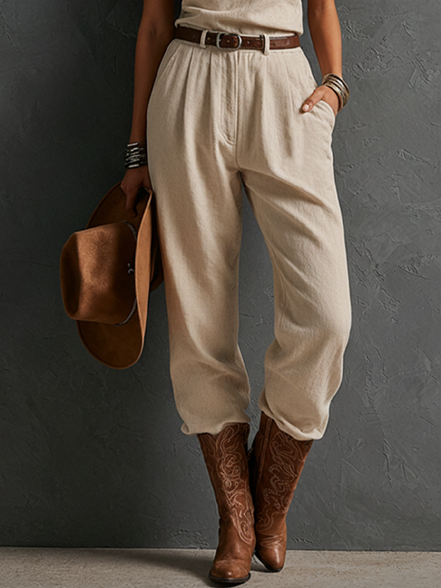Women's Western Style Off-White Linen-Cotton One-Shoulder Sleeveless Top And High-Waisted Pleated Cargo Pants Set MDZ2261E4GMJ