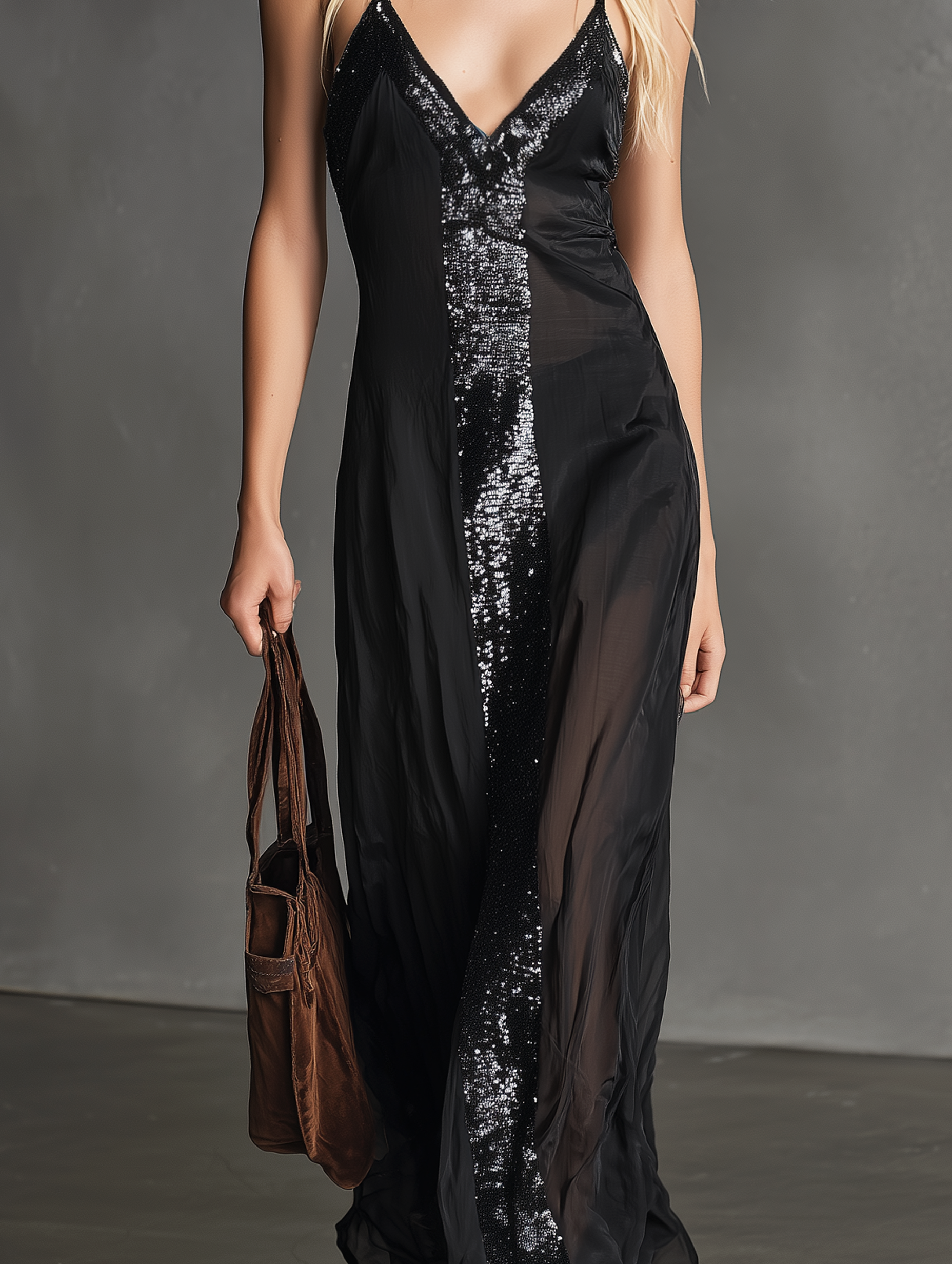 Women's Elegant Black Sequin & Chiffon Maxi Dress — Spaghetti Strap, V-Neck, Sleeveless MDZ2385E7LXY