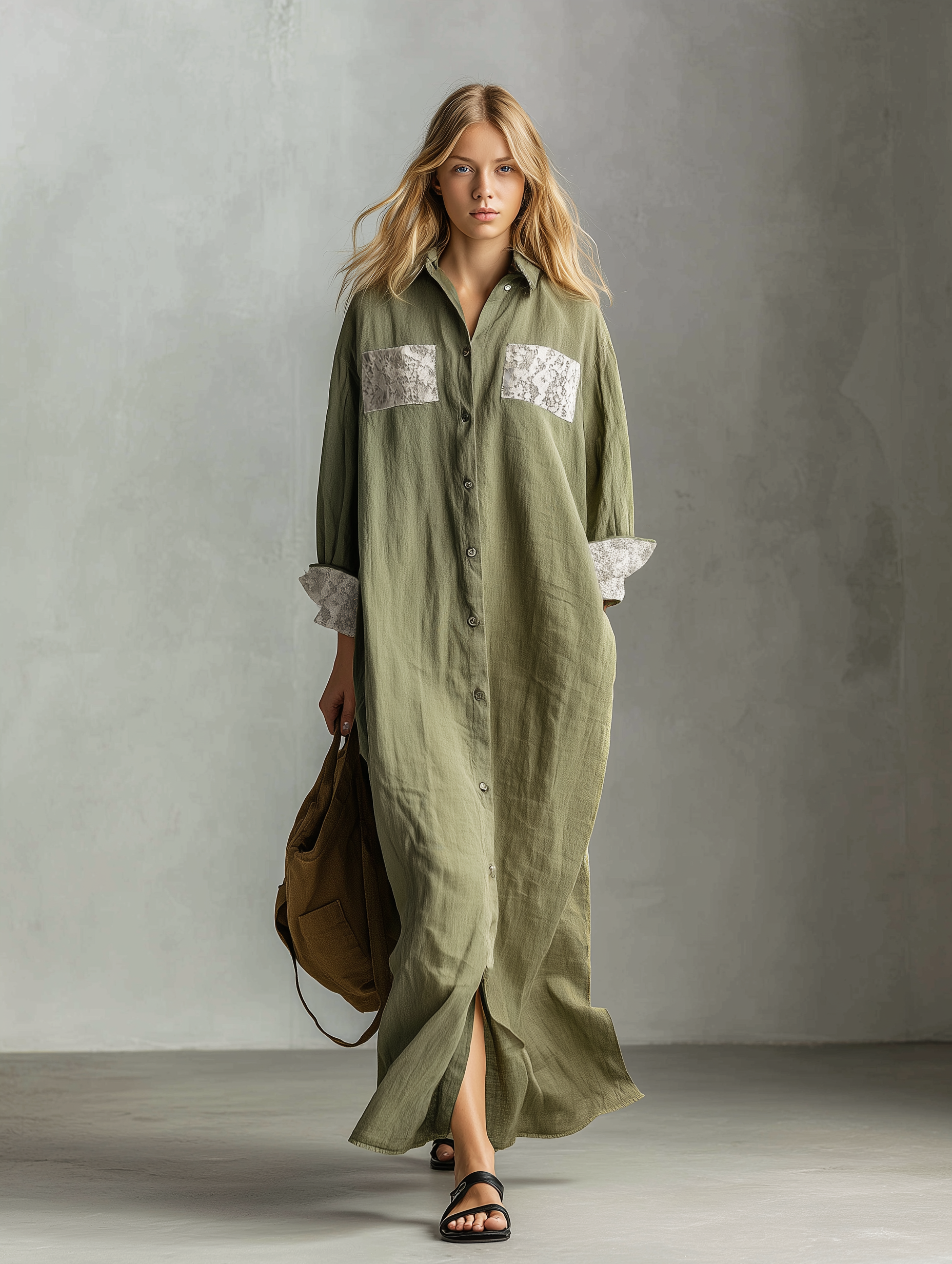 Women's Casual Green Cotton-Linen Long-Sleeve Shirt Dress With Lace Trim MDZ2357E9LXY