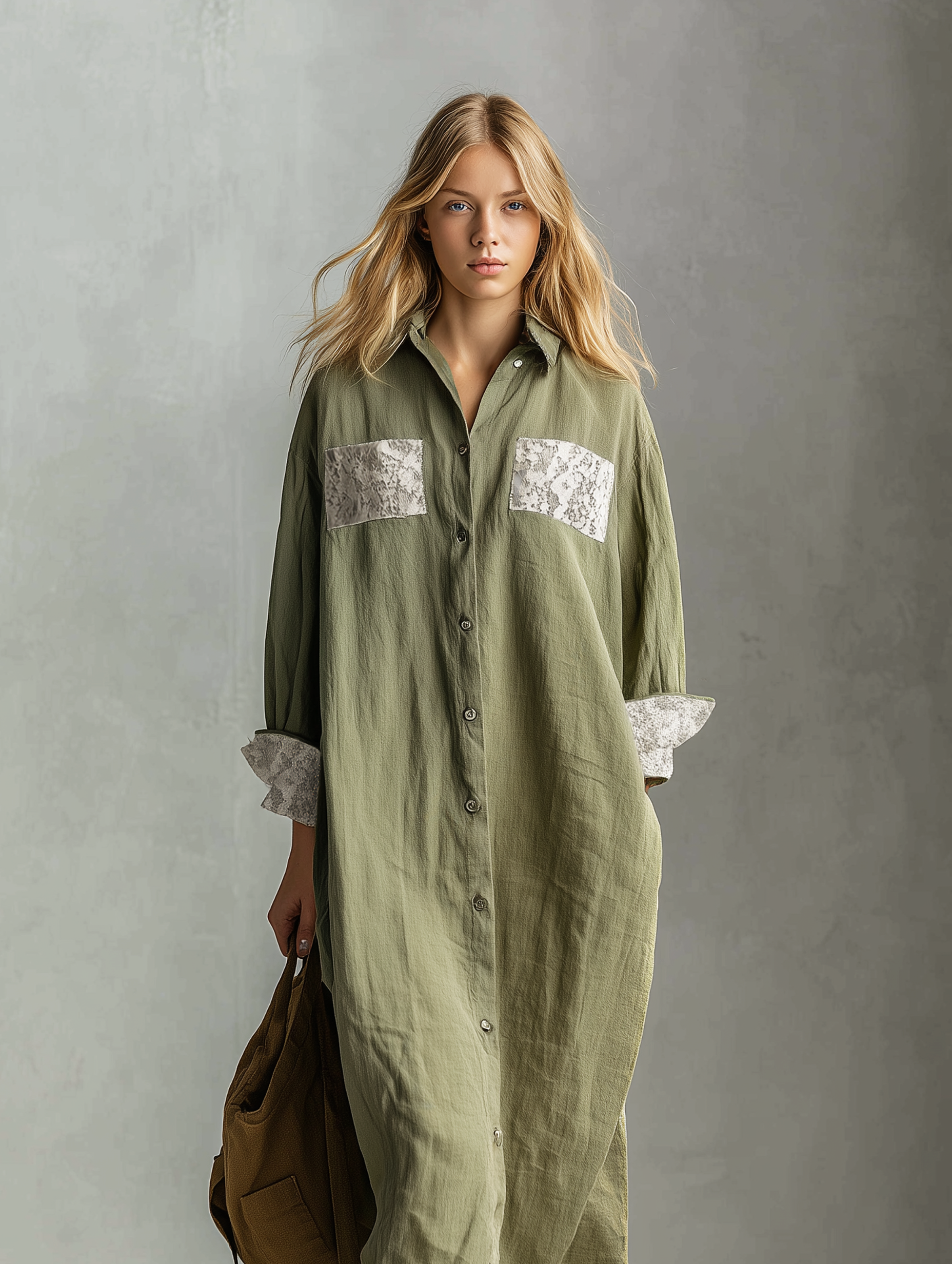 Women's Casual Green Cotton-Linen Long-Sleeve Shirt Dress With Lace Trim MDZ2357E9LXY