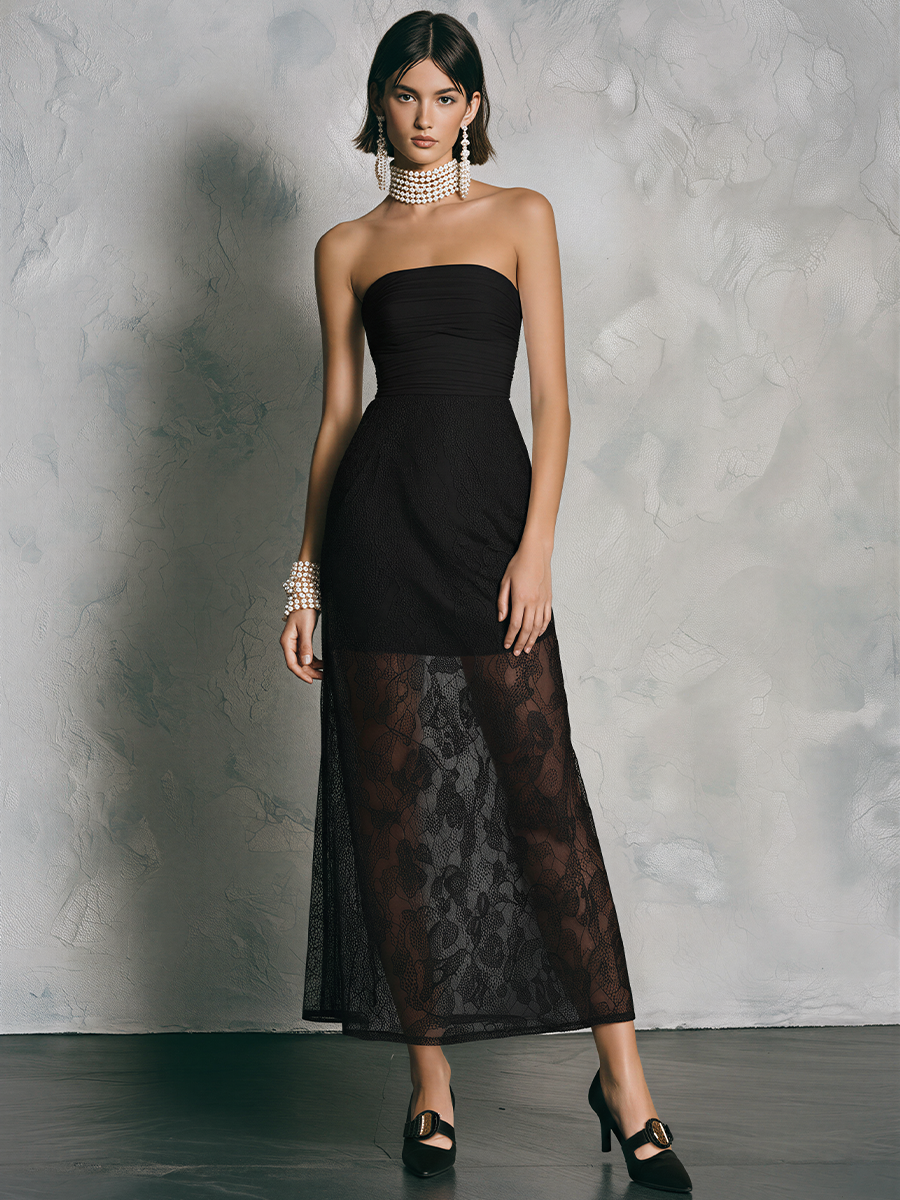 Women’s Black Strapless Lace Maxi Dress With Ruched Bodice & Sheer Overlay MDZ2397E7T