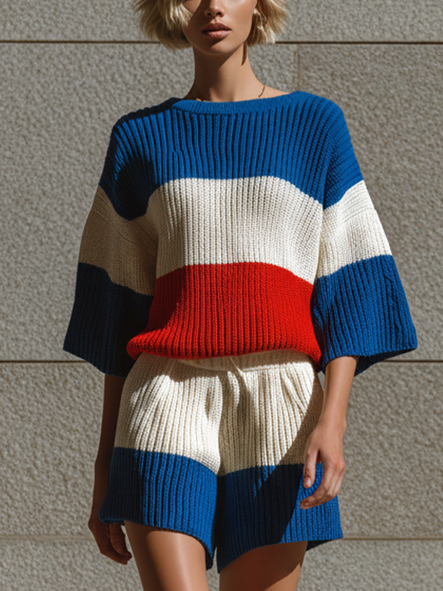 Women’s Red White & Blue Color-Block Knit Top & Shorts Two-Piece Set MDZ2333E0T