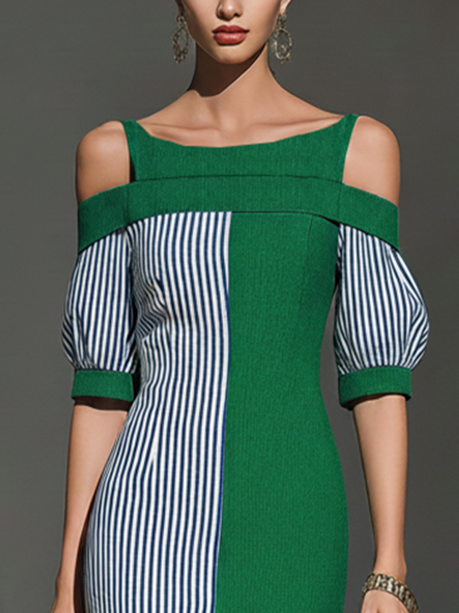 Women's Green And Blue-and-White Striped Color-Block Midi Dress, Featuring Off-the-Shoulder Design And Puff Sleeves MDZ2379E6T