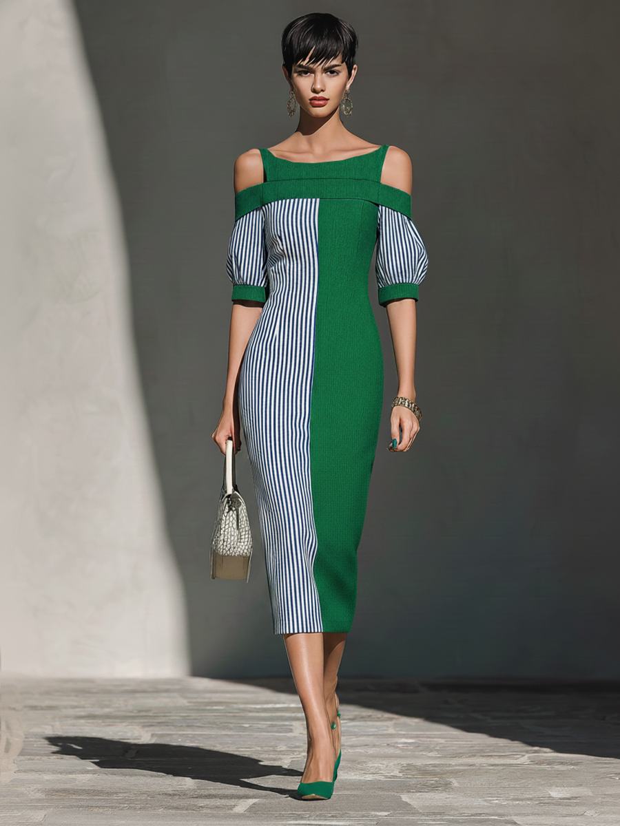 Women's Green And Blue-and-White Striped Color-Block Midi Dress, Featuring Off-the-Shoulder Design And Puff Sleeves MDZ2379E6T