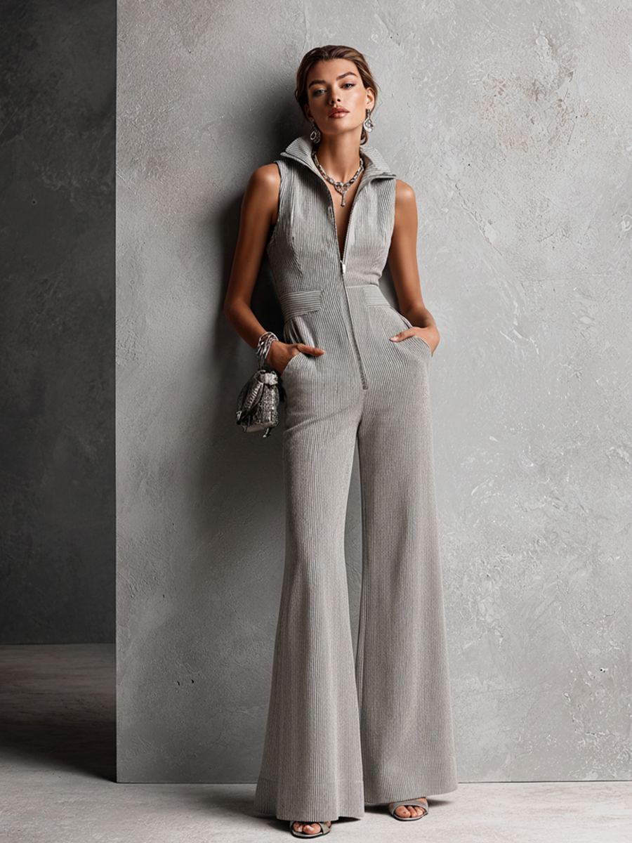 Women's Commuter Grey Cotton Blend Striped Collared Sleeveless Zip-Up Waist-Tailored Wide-Leg Maxi Jumpsuit MDZ2365E9GMJ