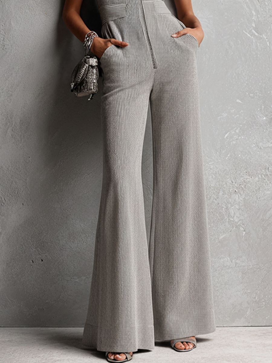 Women's Commuter Grey Cotton Blend Striped Collared Sleeveless Zip-Up Waist-Tailored Wide-Leg Maxi Jumpsuit MDZ2365E9GMJ