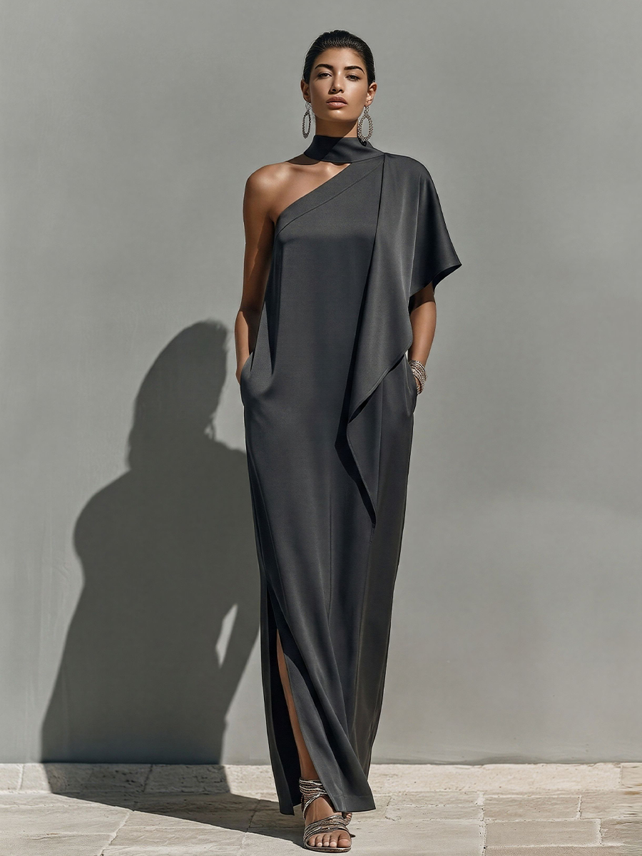 Women's Dark Charcoal Satin Maxi Dress With Asymmetrical One-Shoulder & High Neck, Timeless Modern Evening Gown MDZ2567E2LYL