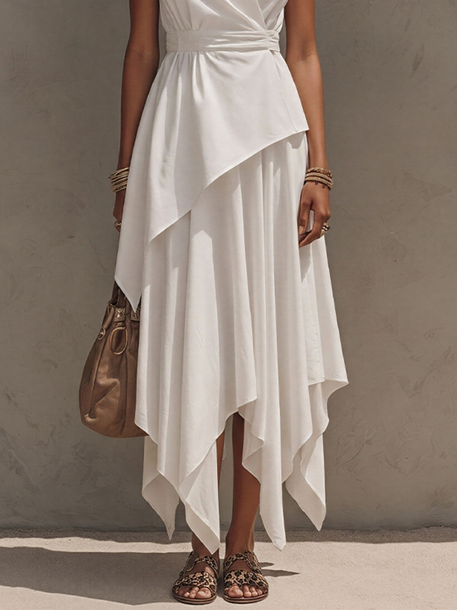 Women's Off-White Co-Ord With Cap-Sleeve Wrap Top & Asymmetrical Skirt, Modern Effortless-Chic Everyday Outfit MDZ2576E0LYL