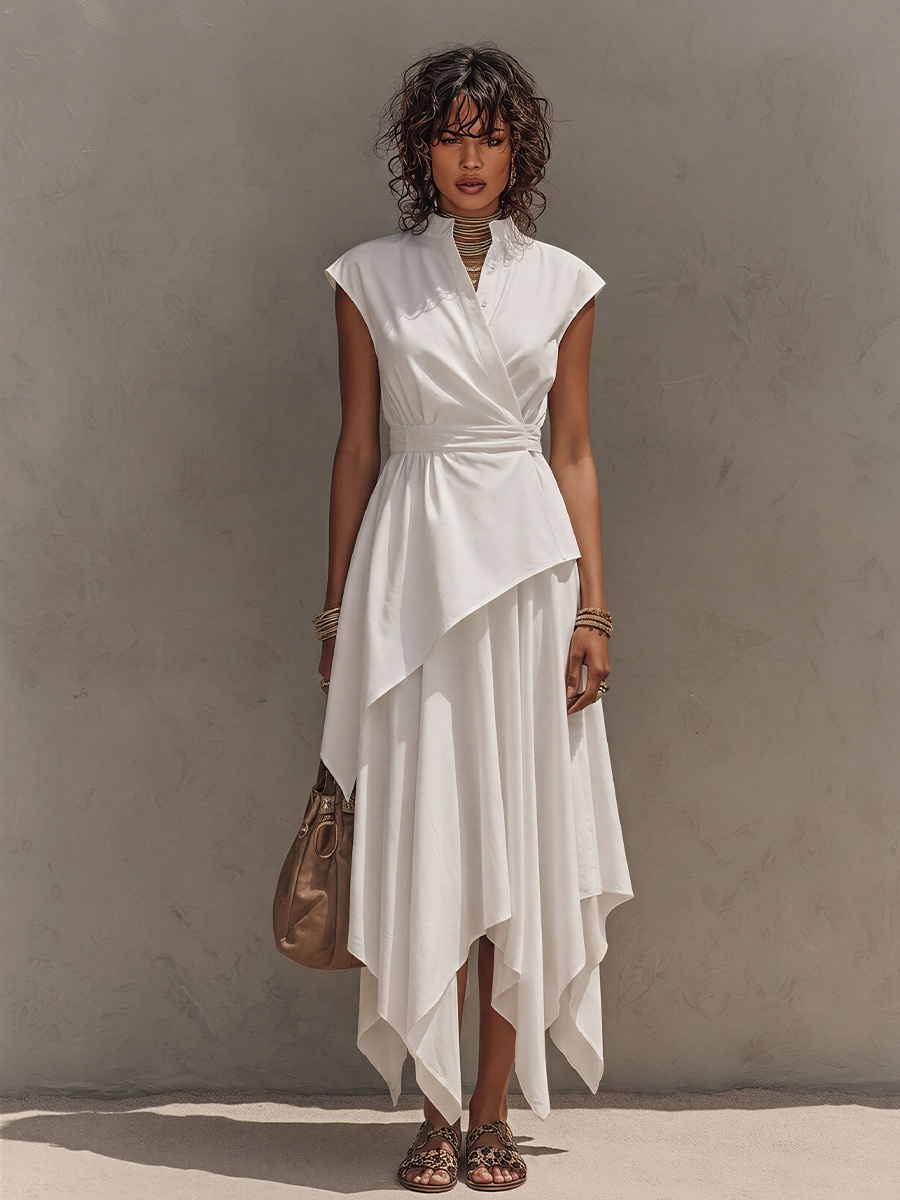 Women's Off-White Co-Ord With Cap-Sleeve Wrap Top & Asymmetrical Skirt, Modern Effortless-Chic Everyday Outfit MDZ2576E0LYL