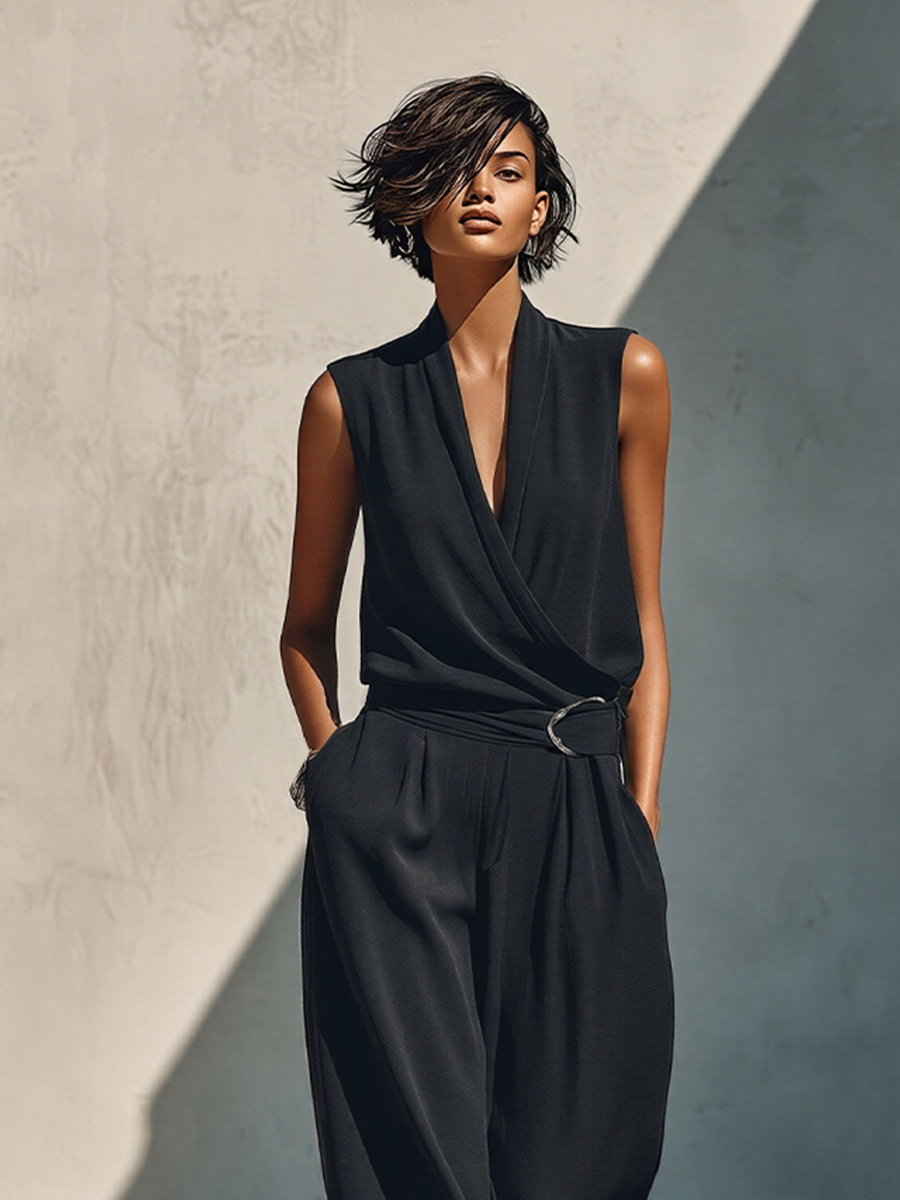 Women's Black Two-Piece Set With Surplice Neck & Wide Leg, Classic Elegant Formal Outfit MDZ2535E8LYL