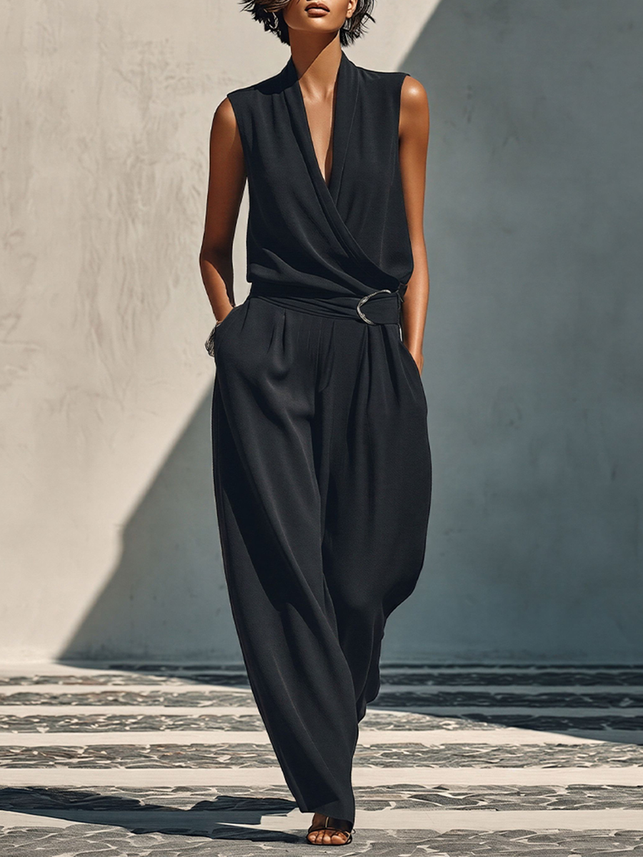 Women's Black Two-Piece Set With Surplice Neck & Wide Leg, Classic Elegant Formal Outfit MDZ2535E8LYL