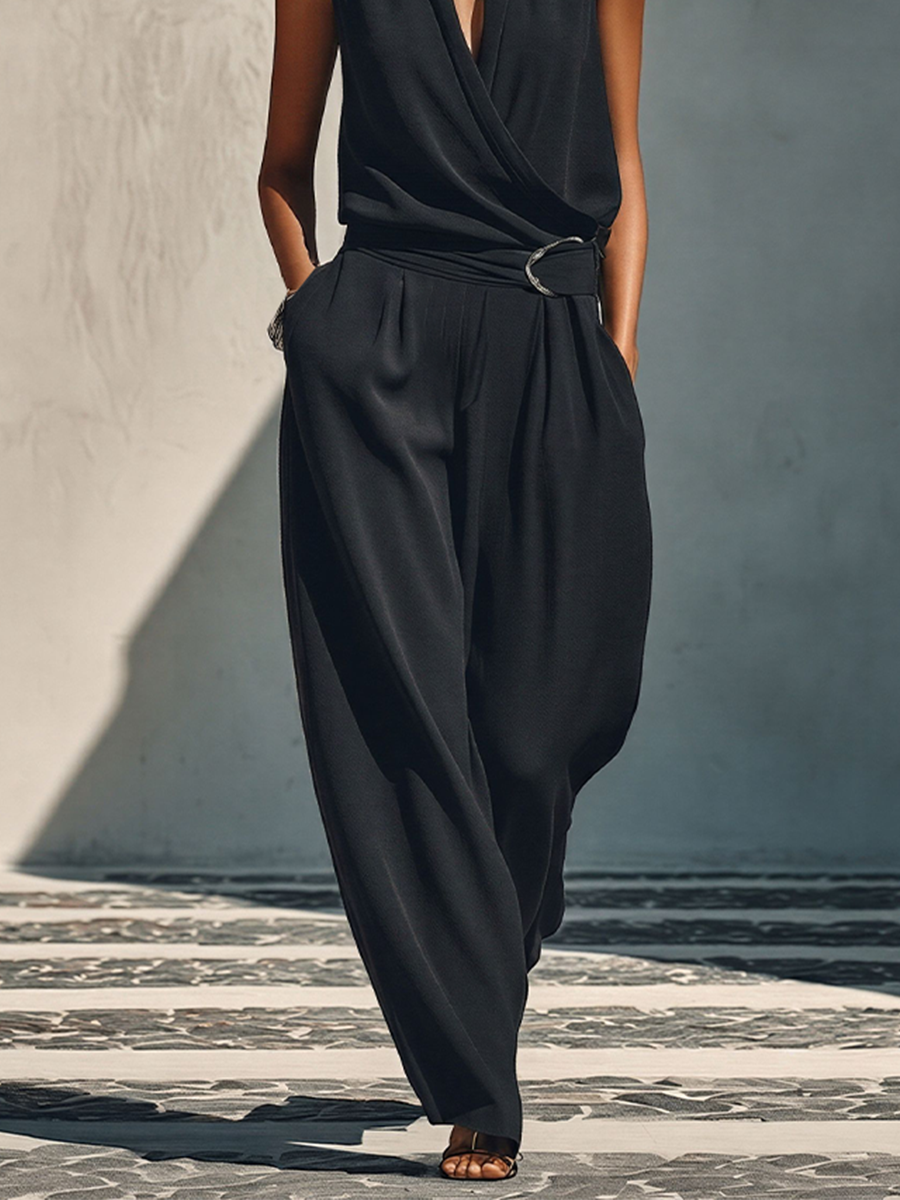 Women's Black Two-Piece Set With Surplice Neck & Wide Leg, Classic Elegant Formal Outfit MDZ2535E8LYL