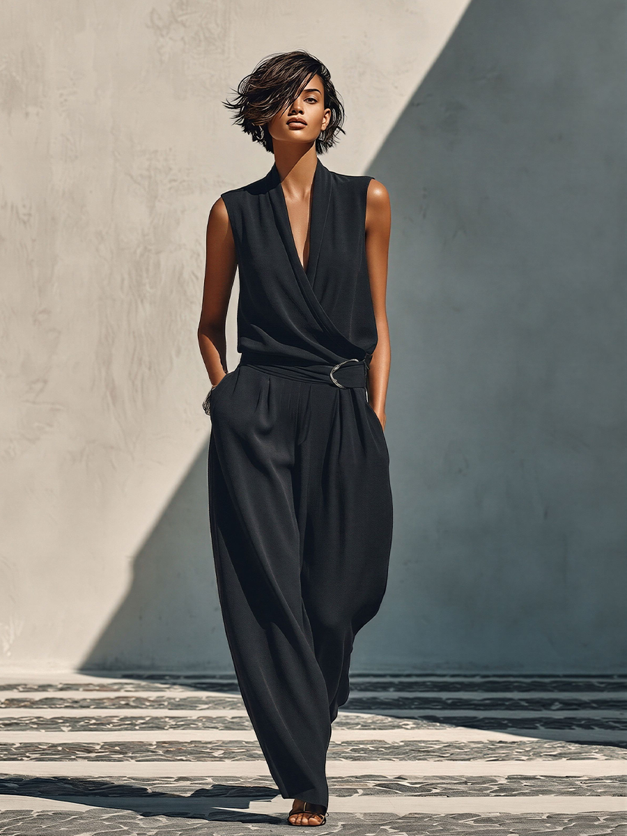 Women's Black Two-Piece Set With Surplice Neck & Wide Leg, Classic Elegant Formal Outfit MDZ2535E8LYL