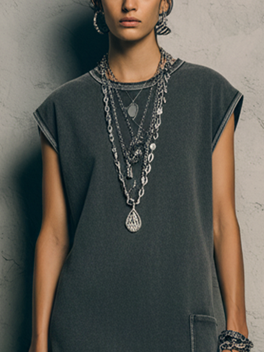 Women's Streetwear Dark Grey Washed Cotton Side Pocket Crew Neck Sleeveless Midi Dress MDZ2568E7GMJ