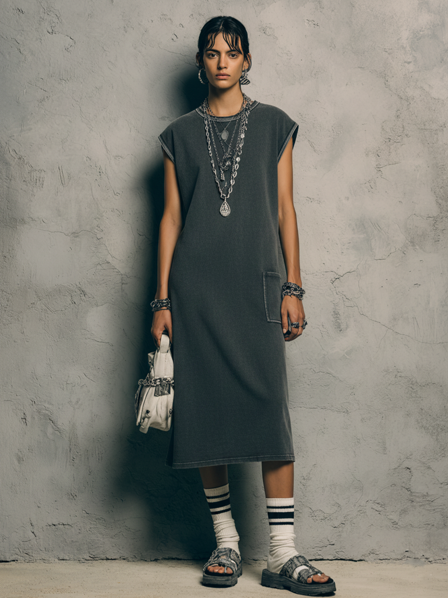Women's Streetwear Dark Grey Washed Cotton Side Pocket Crew Neck Sleeveless Midi Dress MDZ2568E7GMJ