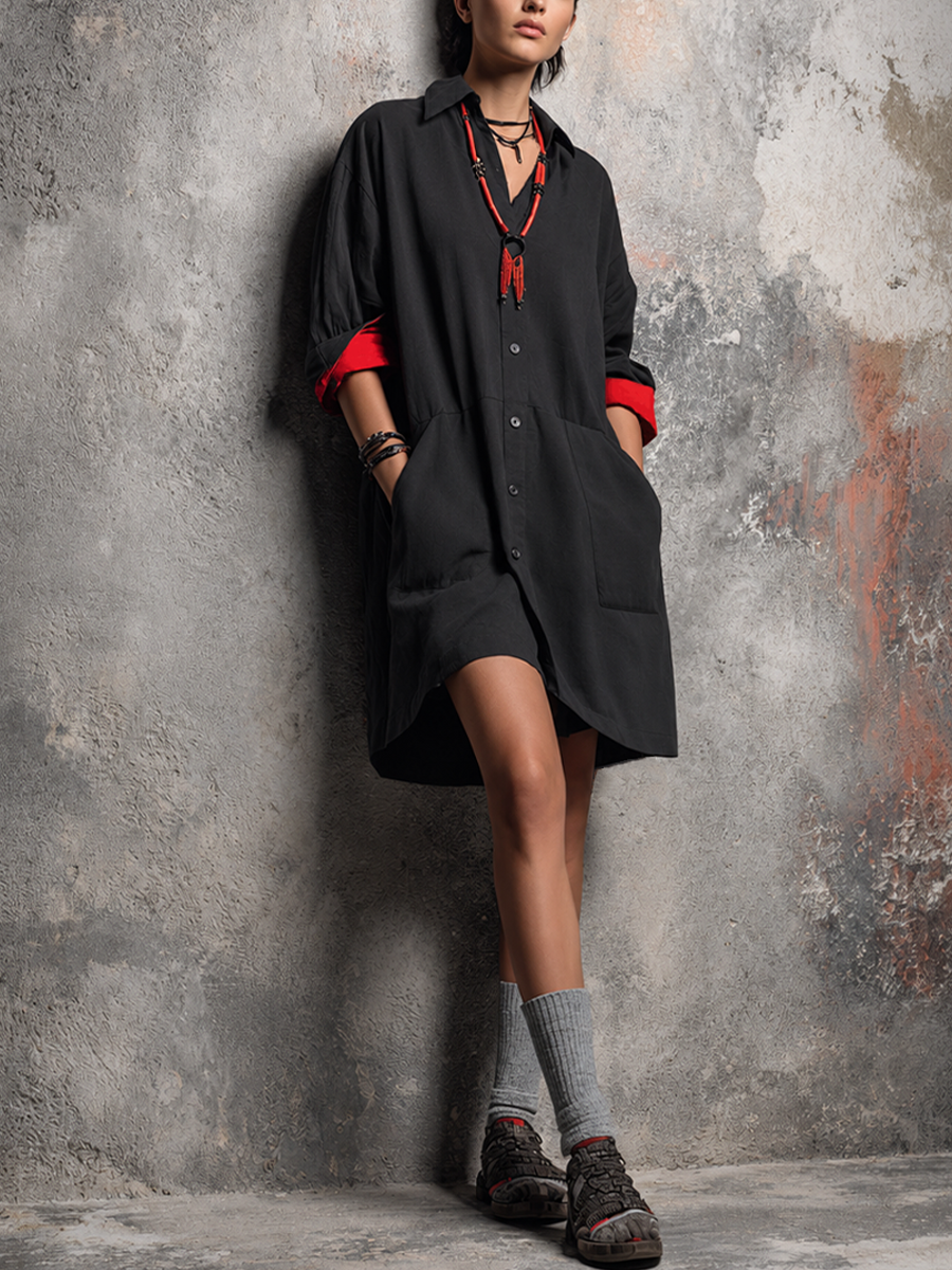 Women's Casual Black Cotton Blend Color-Block Cuff Collared Button-Front Shirt Mini Dress MDZ2537E5GMJ